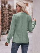 Eyelet Notched Neck Flounce Sleeve Blouse - Guy Christopher