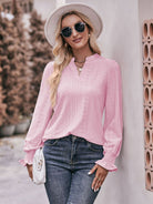 Eyelet Notched Neck Flounce Sleeve Blouse - Guy Christopher