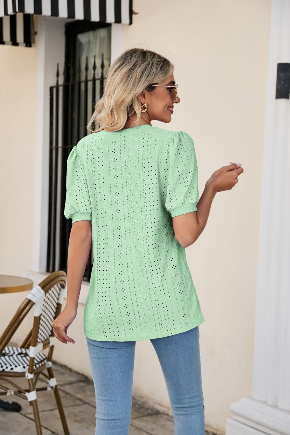 Eyelet Puff Sleeve V-Neck Top - Guy Christopher