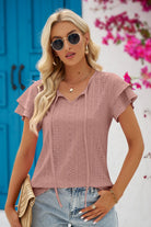 Eyelet Tie-Neck Flutter Sleeve Blouse - Guy Christopher