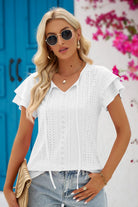 Eyelet Tie-Neck Flutter Sleeve Blouse - Guy Christopher