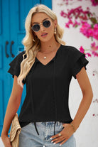 Eyelet Tie-Neck Flutter Sleeve Blouse - Guy Christopher