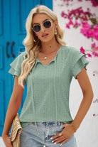 Eyelet Tie-Neck Flutter Sleeve Blouse - Guy Christopher