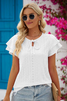 Eyelet Tie-Neck Flutter Sleeve Blouse - Guy Christopher