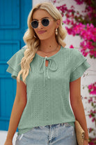 Eyelet Tie-Neck Flutter Sleeve Blouse - Guy Christopher