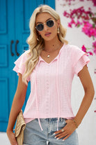 Eyelet Tie-Neck Flutter Sleeve Blouse - Guy Christopher