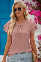 Eyelet Tie-Neck Flutter Sleeve Blouse - Guy Christopher