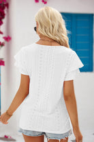 Eyelet Tie-Neck Flutter Sleeve Blouse - Guy Christopher