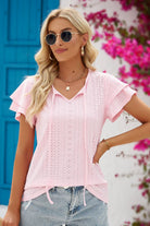 Eyelet Tie-Neck Flutter Sleeve Blouse - Guy Christopher