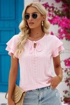 Eyelet Tie-Neck Flutter Sleeve Blouse - Guy Christopher