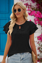 Eyelet Tie-Neck Flutter Sleeve Blouse - Guy Christopher