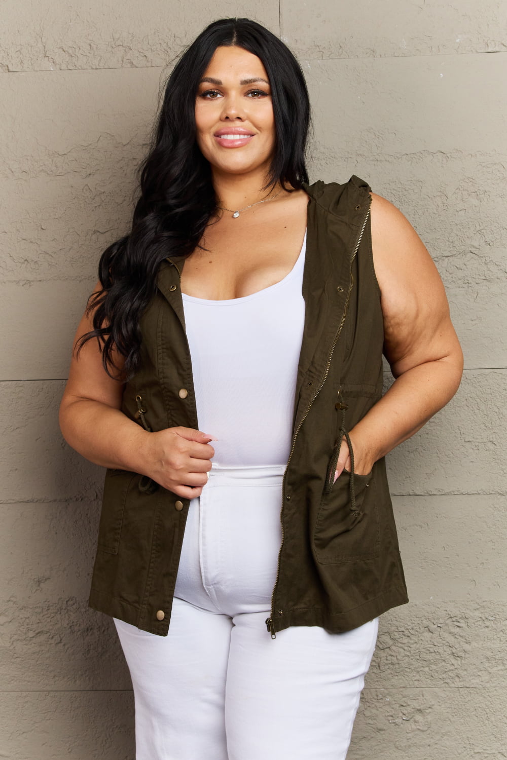 Zenana More To Come Full Size Military Hooded Vest - Guy Christopher 