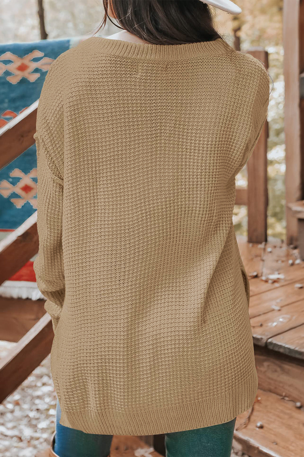 Waffle-Knit Dropped Shoulder Buttoned Sweater - Guy Christopher 