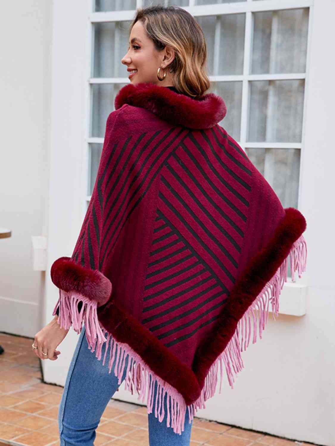 Striped Fringe Hem Poncho - Guy Christopher 