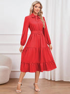 Tie Neck Long Sleeve Tiered Dress - Guy Christopher 