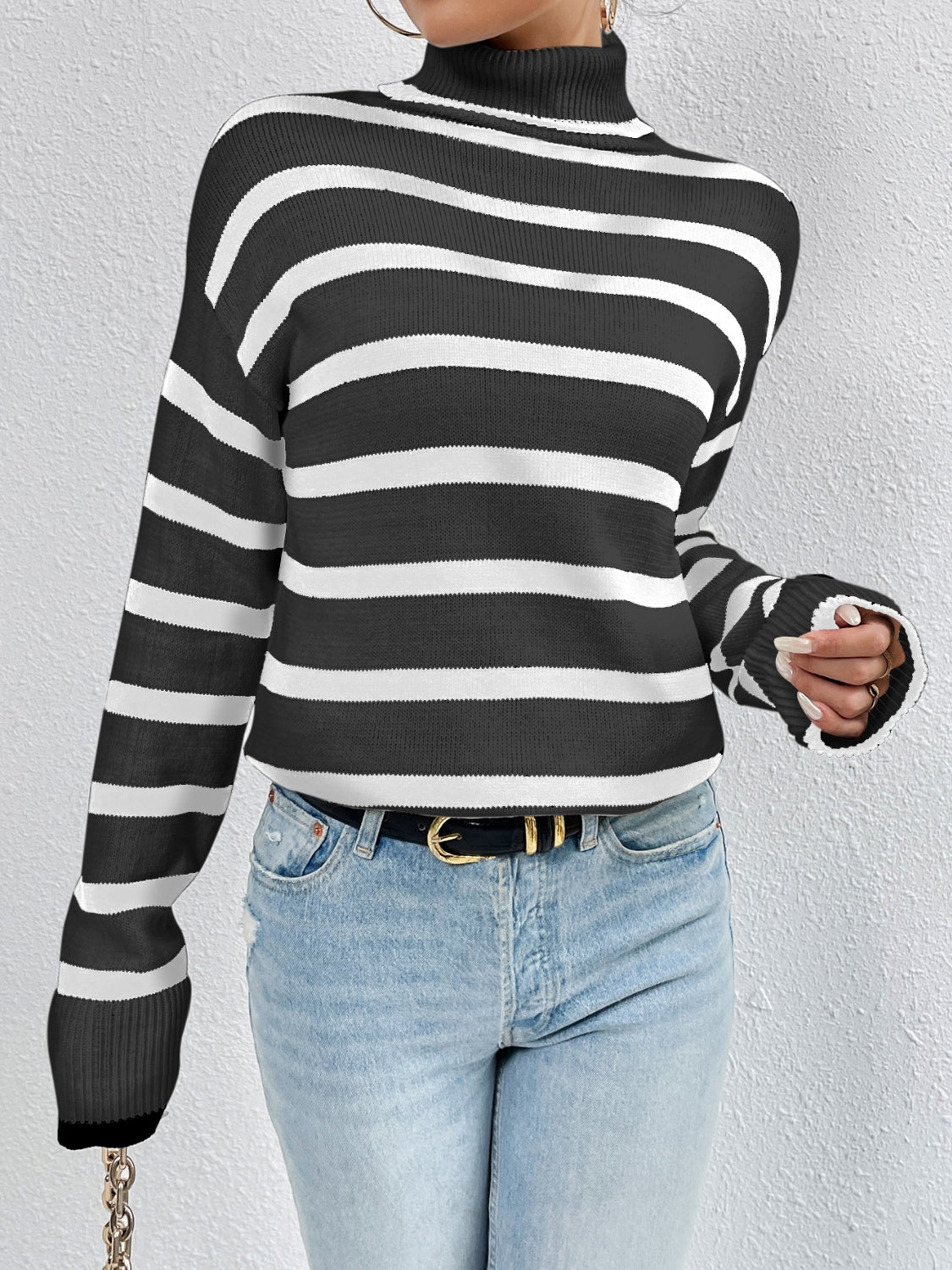 Striped Turtleneck Drop Shoulder Sweater - Guy Christopher 