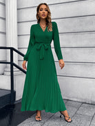 V-Neck Tie Waist Pleated Maxi Dress - Guy Christopher 