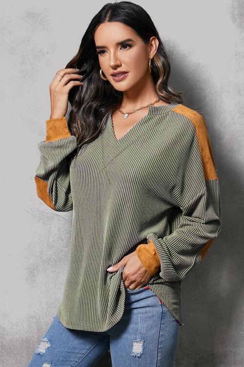 Striped Notched Long Sleeve Blouse - Guy Christopher 