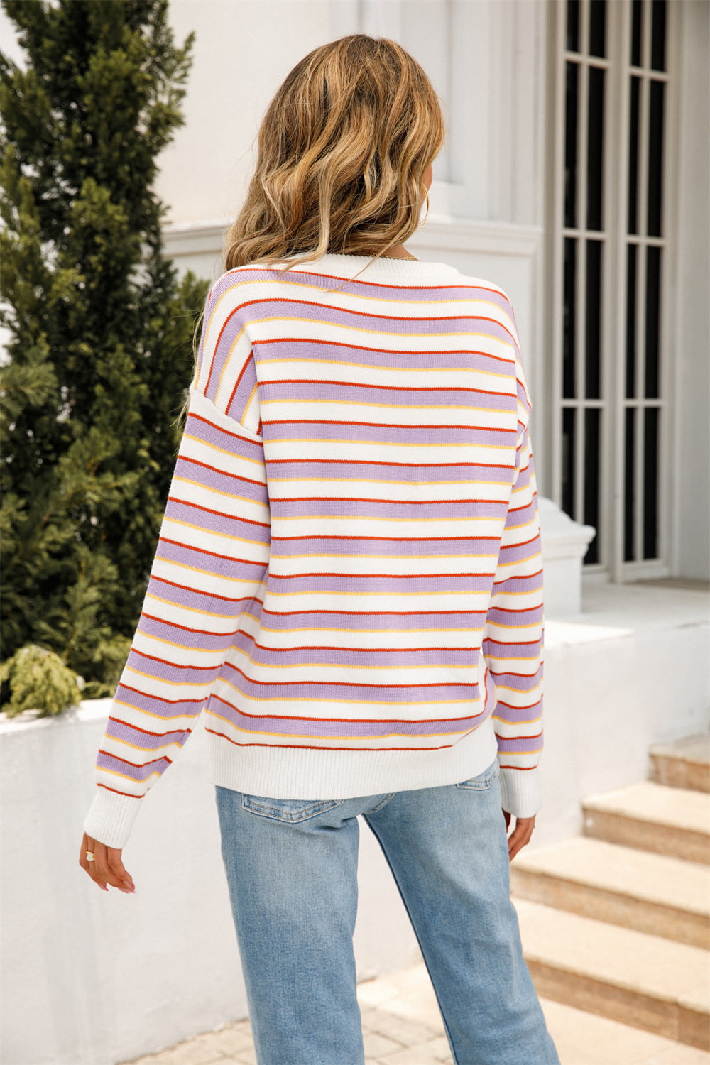 Striped Round Neck Dropped Shoulder Knit Top - Guy Christopher 