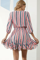 Striped Drawstring Waist Three-Quarter Sleeve Mini Dress - Guy Christopher 