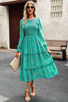 Smocked Flounce Sleeve Midi Dress - Guy Christopher 