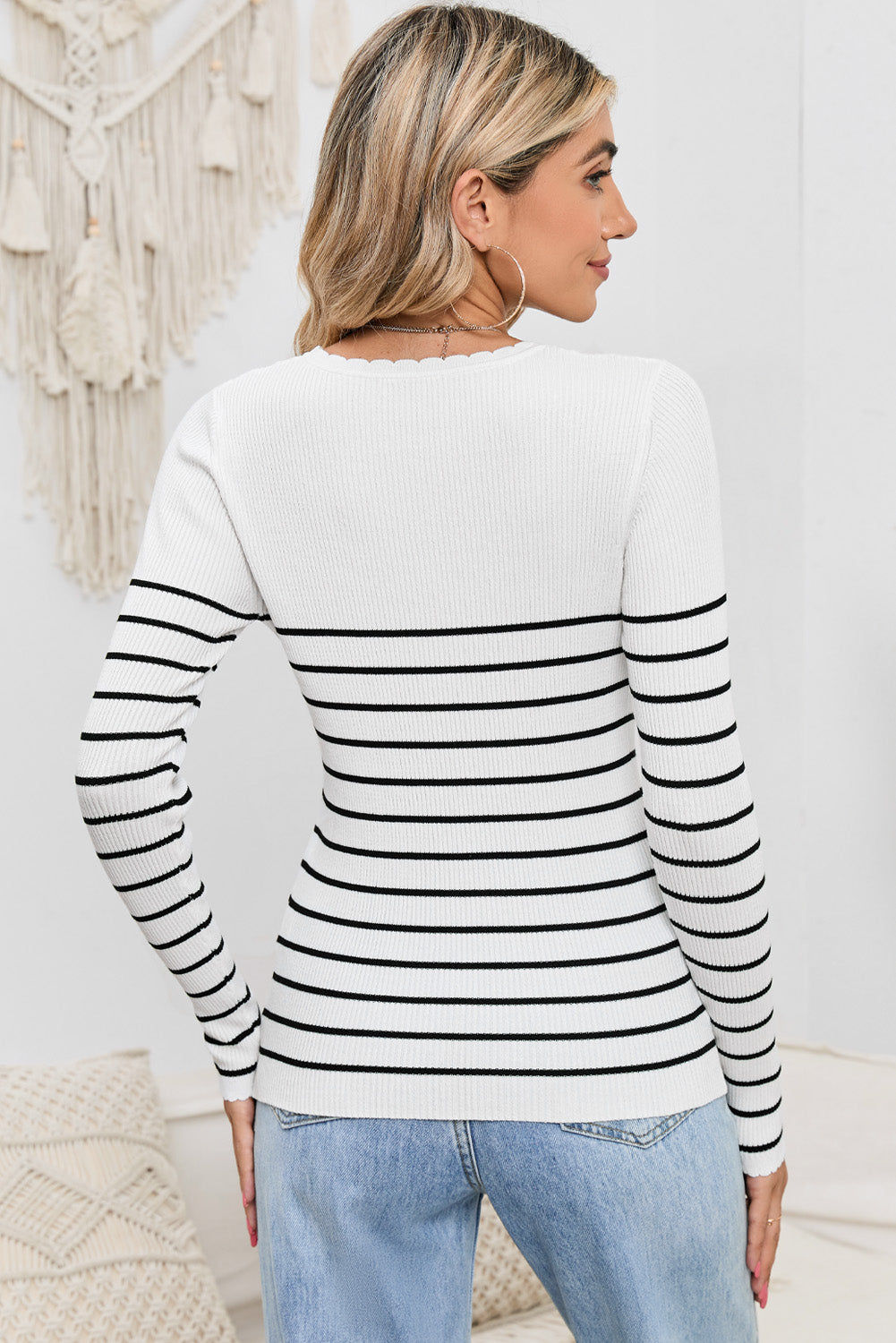 Striped Round Neck Long Sleeve Knit Top - Guy Christopher 