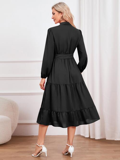 Tie Neck Long Sleeve Tiered Dress - Guy Christopher 