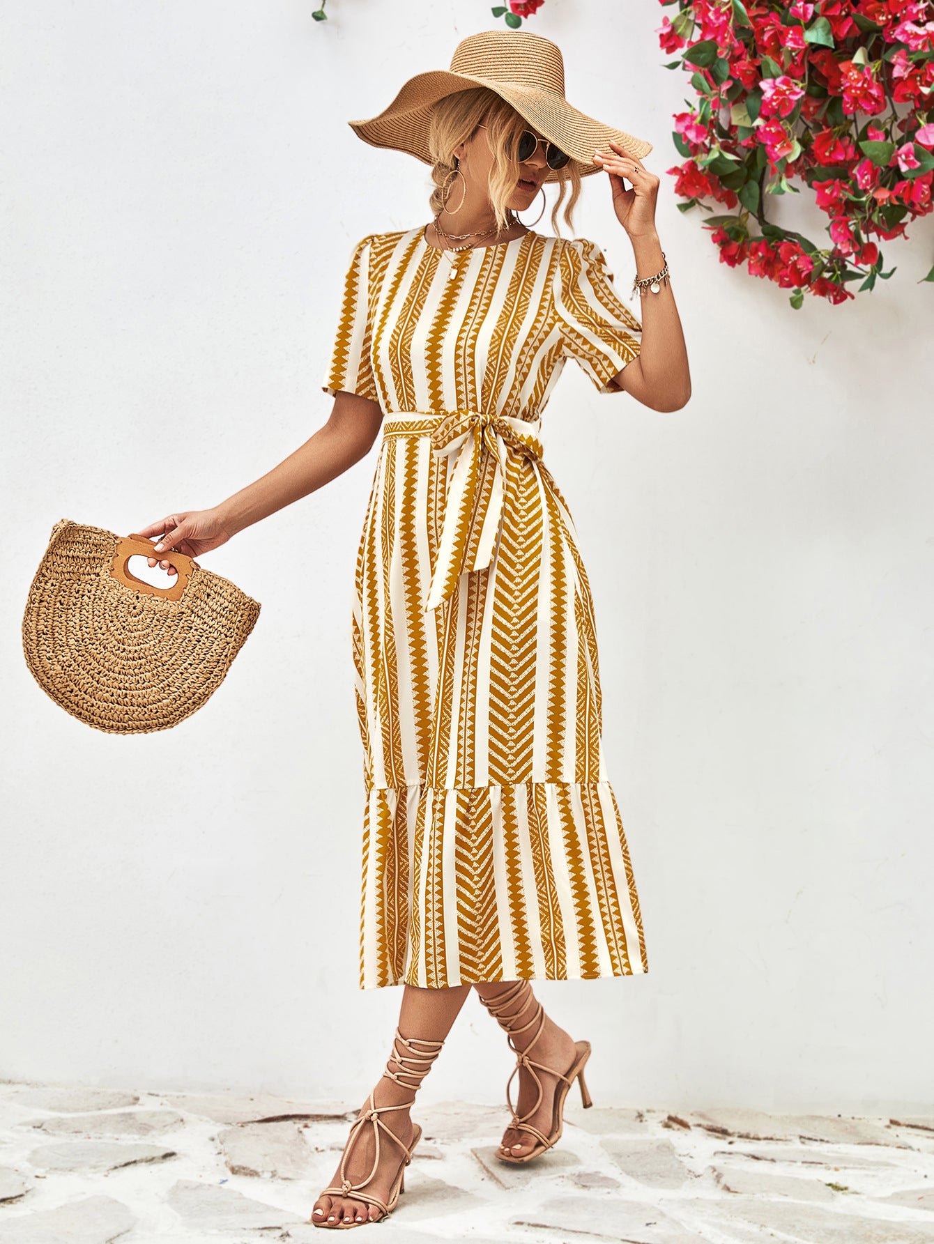 Striped Tie Belt Round Neck Puff Sleeve Dress - Guy Christopher 