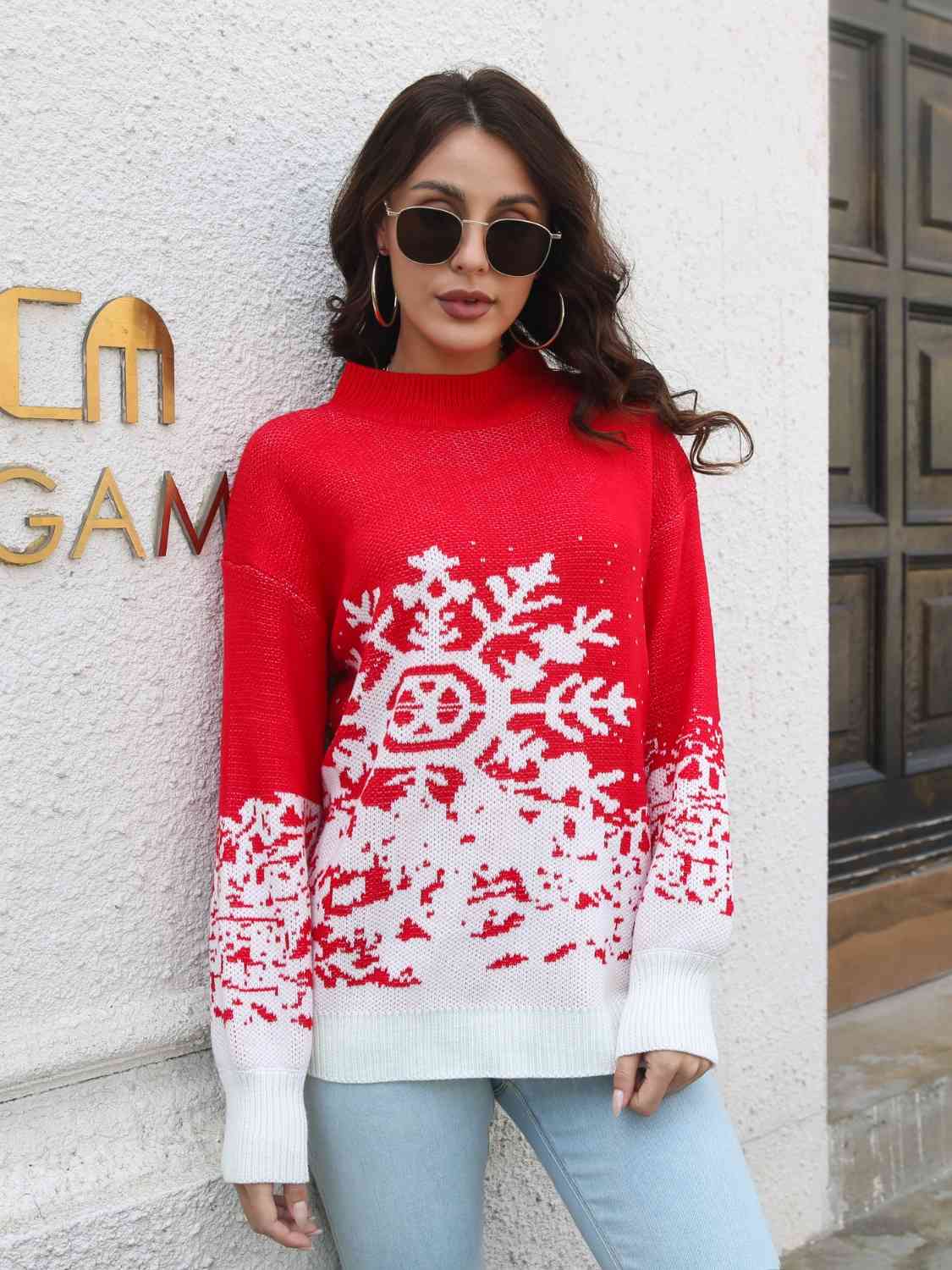 Snowflake Pattern Mock Neck Sweater - Guy Christopher 