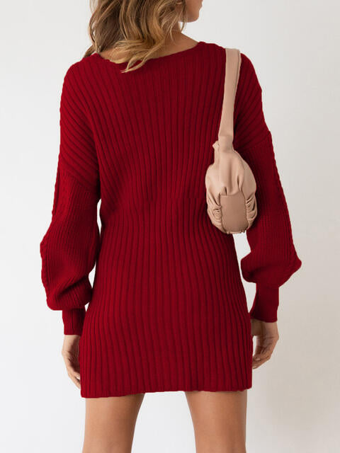 Surplice Neck Long Sleeve Sweater Dress - Guy Christopher 
