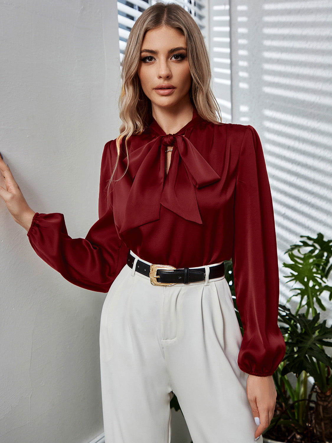 Tie Neck Long Puff Sleeve Blouse - Guy Christopher 
