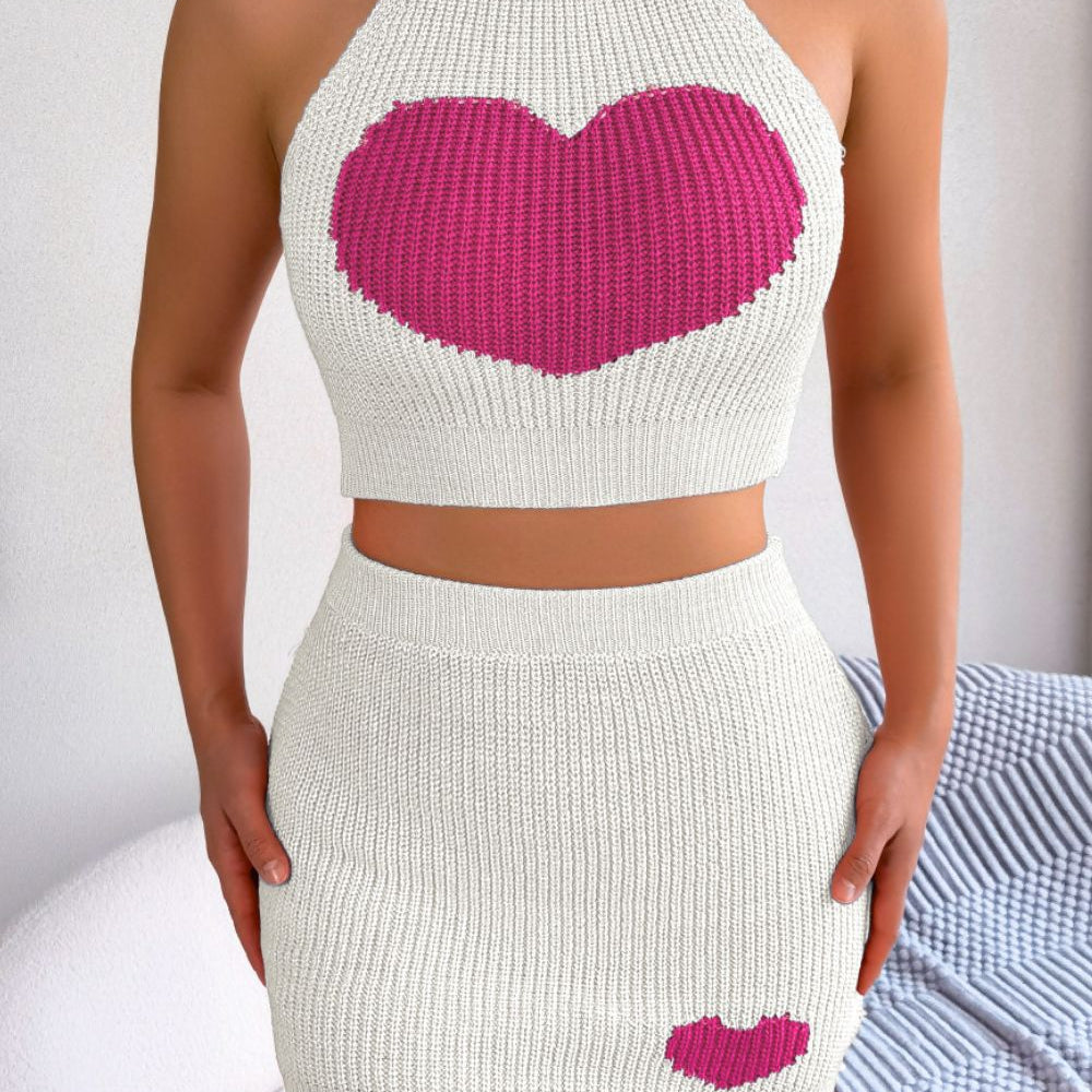 Heart Contrast Ribbed Sleeveless Knit Top and Skirt Set - Guy Christopher 