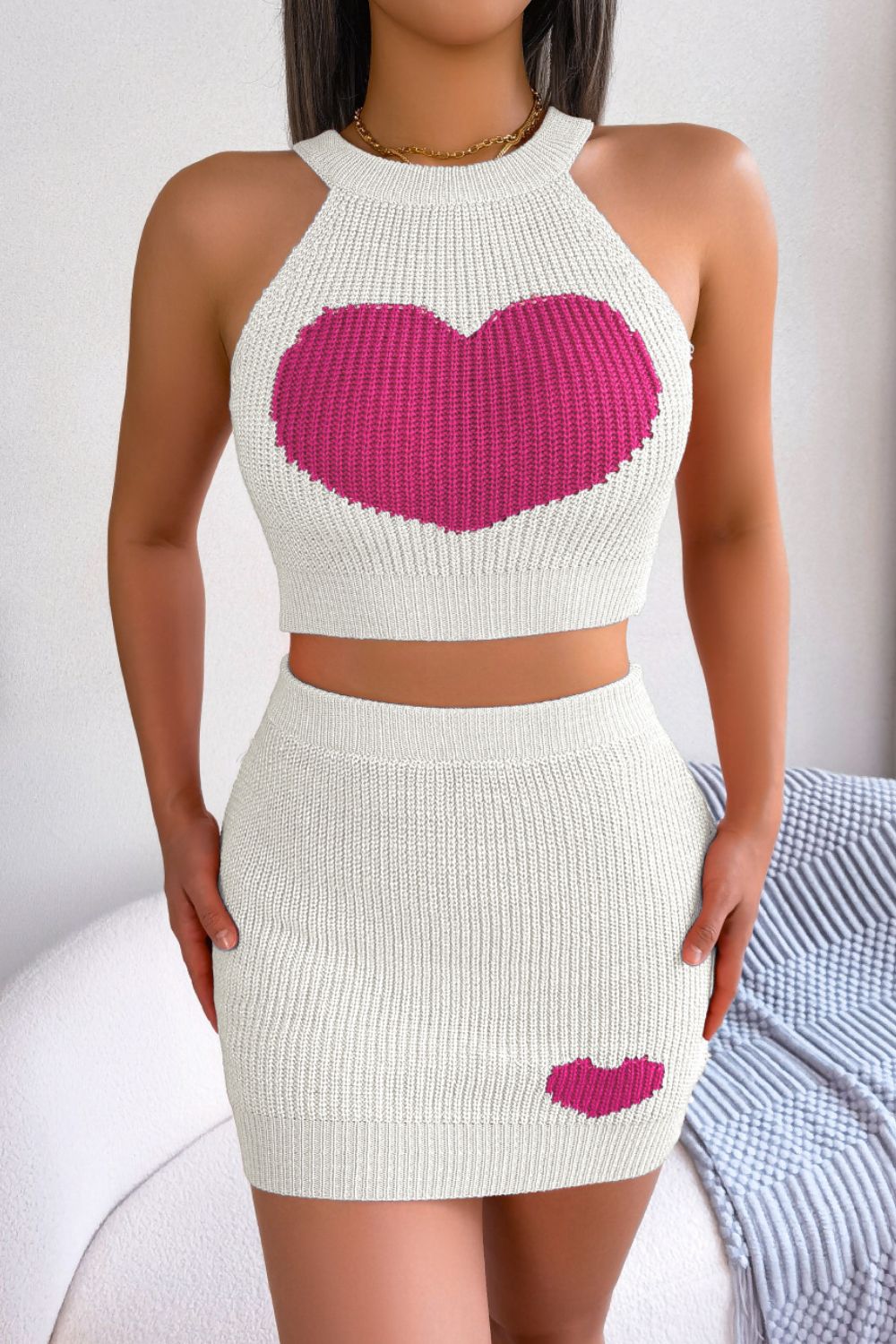Heart Contrast Ribbed Sleeveless Knit Top and Skirt Set - Guy Christopher 