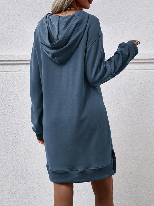 Slit Long Sleeve Hooded Dress with Pocket - Guy Christopher 