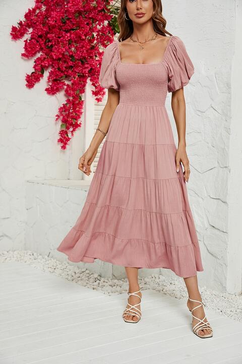 Smocked Square Neck Tiered Dress - Guy Christopher 