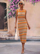 Striped Round Neck Sleeveless Midi Cover Up Dress - Guy Christopher 