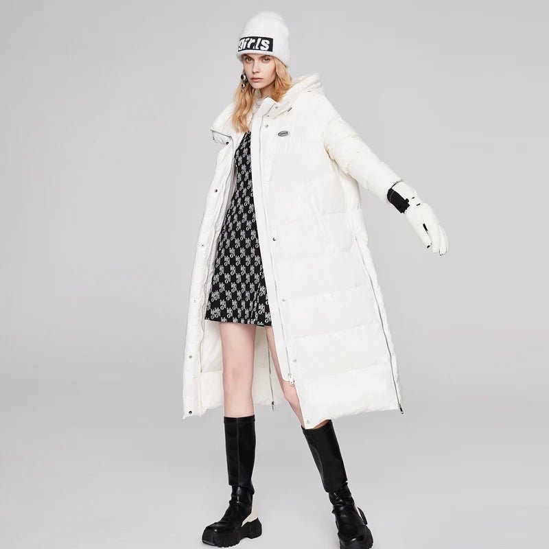 fashion shiny hooded ladies winter side zipper decoration white fur down coat knee length padded coat down jacket Parker 92251 - Guy Christopher