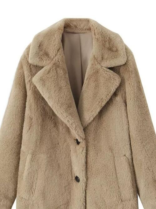 Faux Fur Button Up Lapel Neck Coat with Pocket - Guy Christopher