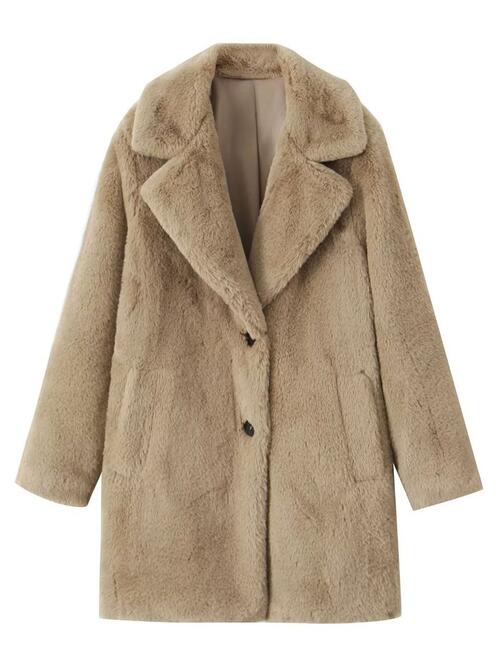 Faux Fur Button Up Lapel Neck Coat with Pocket - Guy Christopher