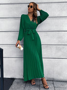 V-Neck Tie Waist Pleated Maxi Dress - Guy Christopher 