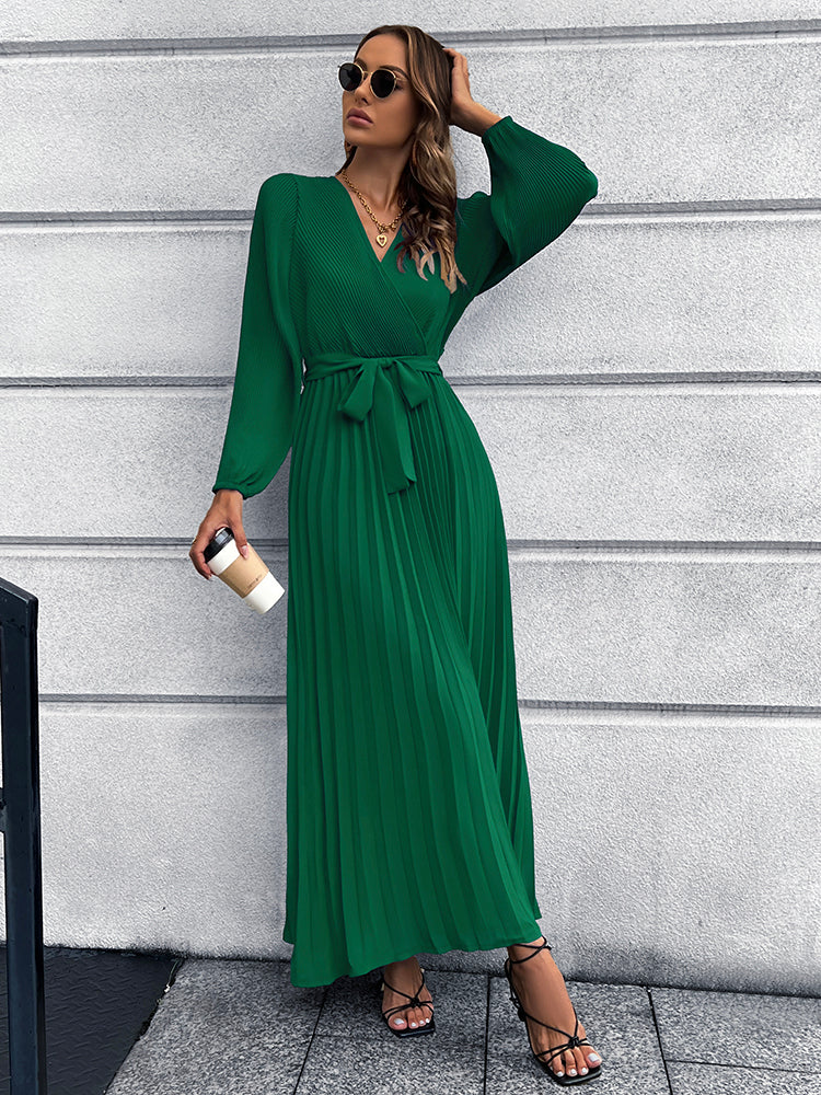 V-Neck Tie Waist Pleated Maxi Dress - Guy Christopher 