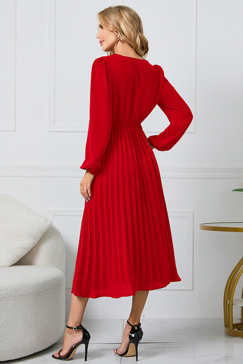 V-Neck Long Sleeve Tie Waist Midi Dress - Guy Christopher 