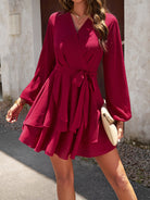 Surplice Neck Tie Waist Long Sleeve Dress - Guy Christopher 