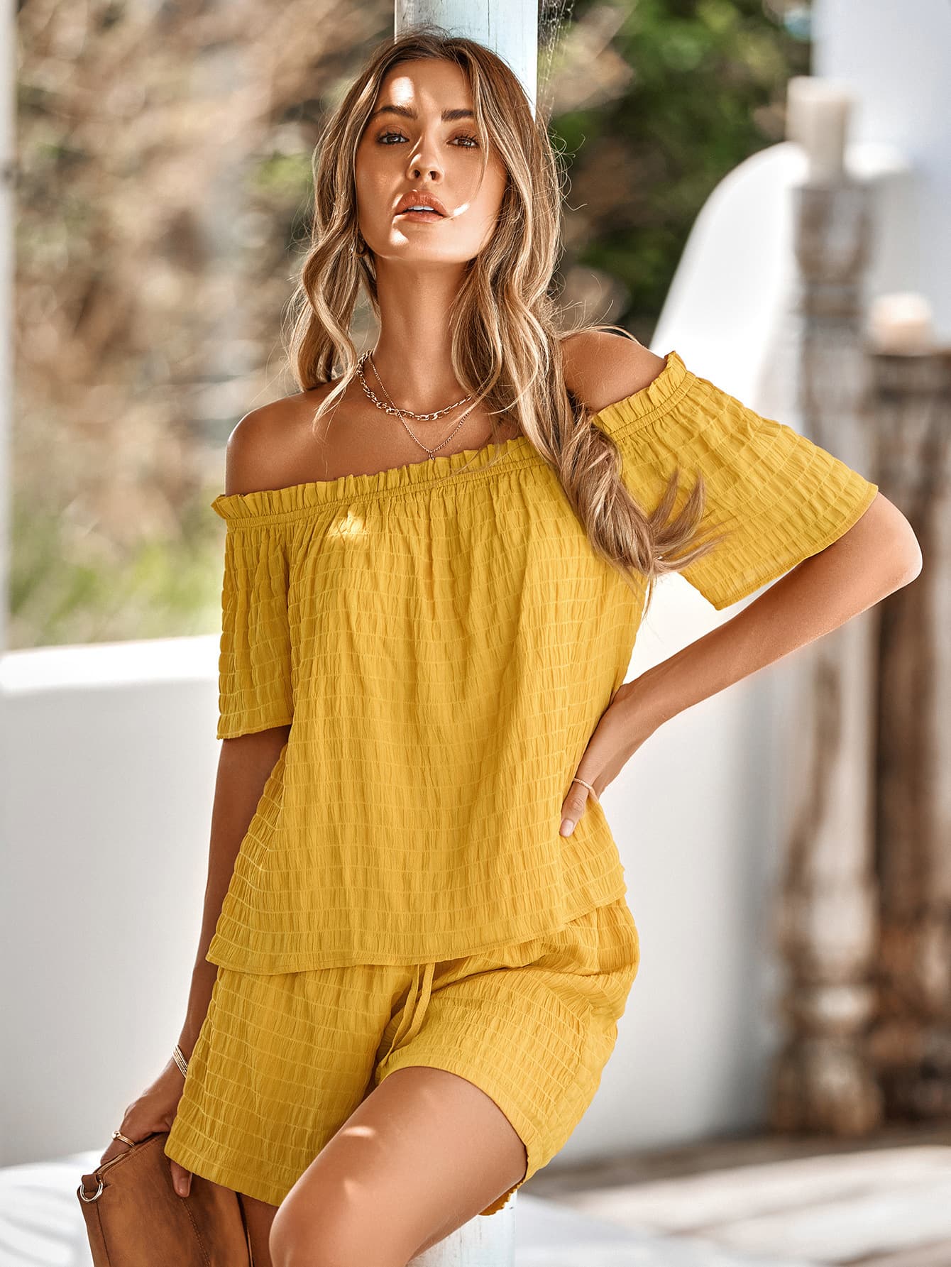 Textured Frill Trim Off-Shoulder Top and Shorts Set - Guy Christopher 