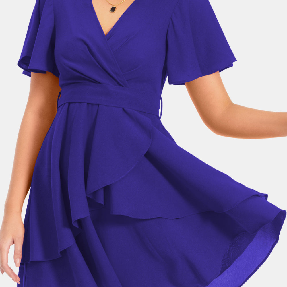 Surplice Neck Flutter Sleeve Dress - Guy Christopher 