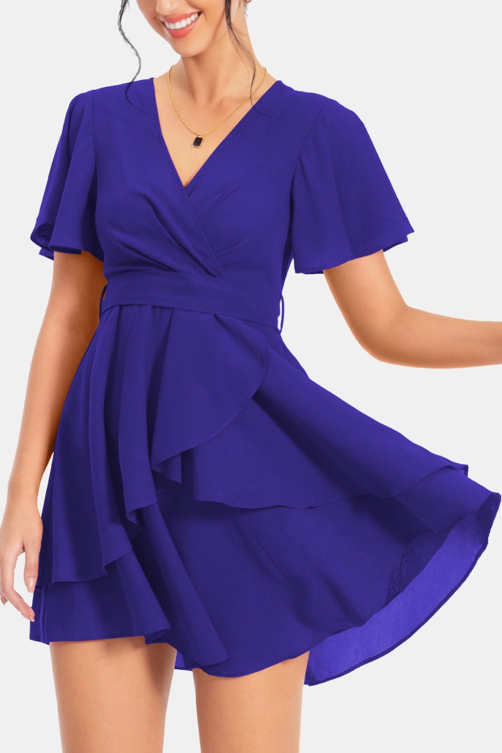 Surplice Neck Flutter Sleeve Dress - Guy Christopher 