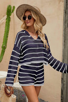 Striped Openwork Knit Hoodie and Shorts Set - Guy Christopher 