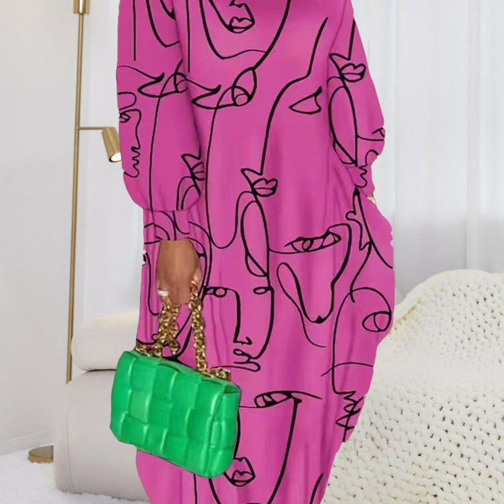 Printed Single Shoulder Lantern Sleeve Maxi Dress