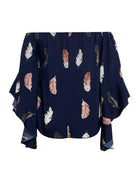 Feather Print Smocked Off-Shoulder Blouse - Guy Christopher