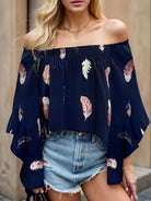 Feather Print Smocked Off-Shoulder Blouse - Guy Christopher